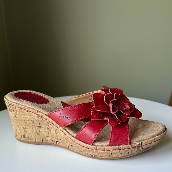 BOC Born Concept Cork Wedge Slip On Open Toe Heeled Red Leather Upper Floral - Picture 1 of 13